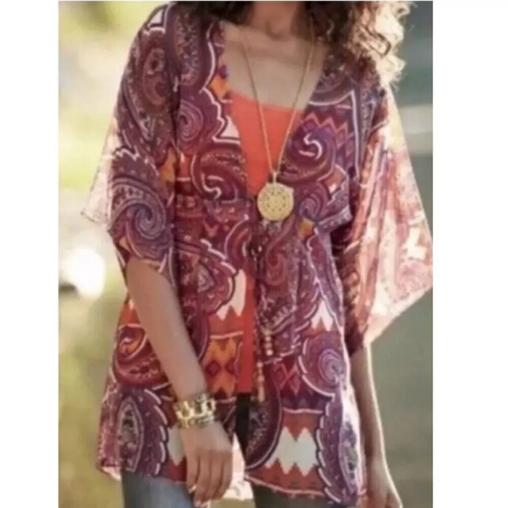 CAbi Epic Sheer Paisley Kimono Blouse / Swim Cover-Up SZ S